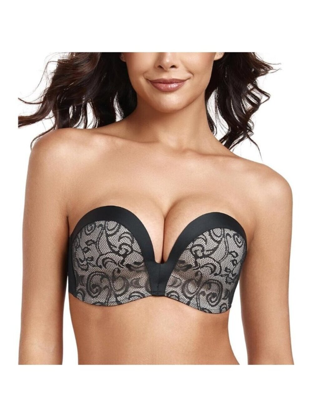 Women's Jacquard Black Strapless Bra Push Up Anti-slip Lift Up Wirefree Bra